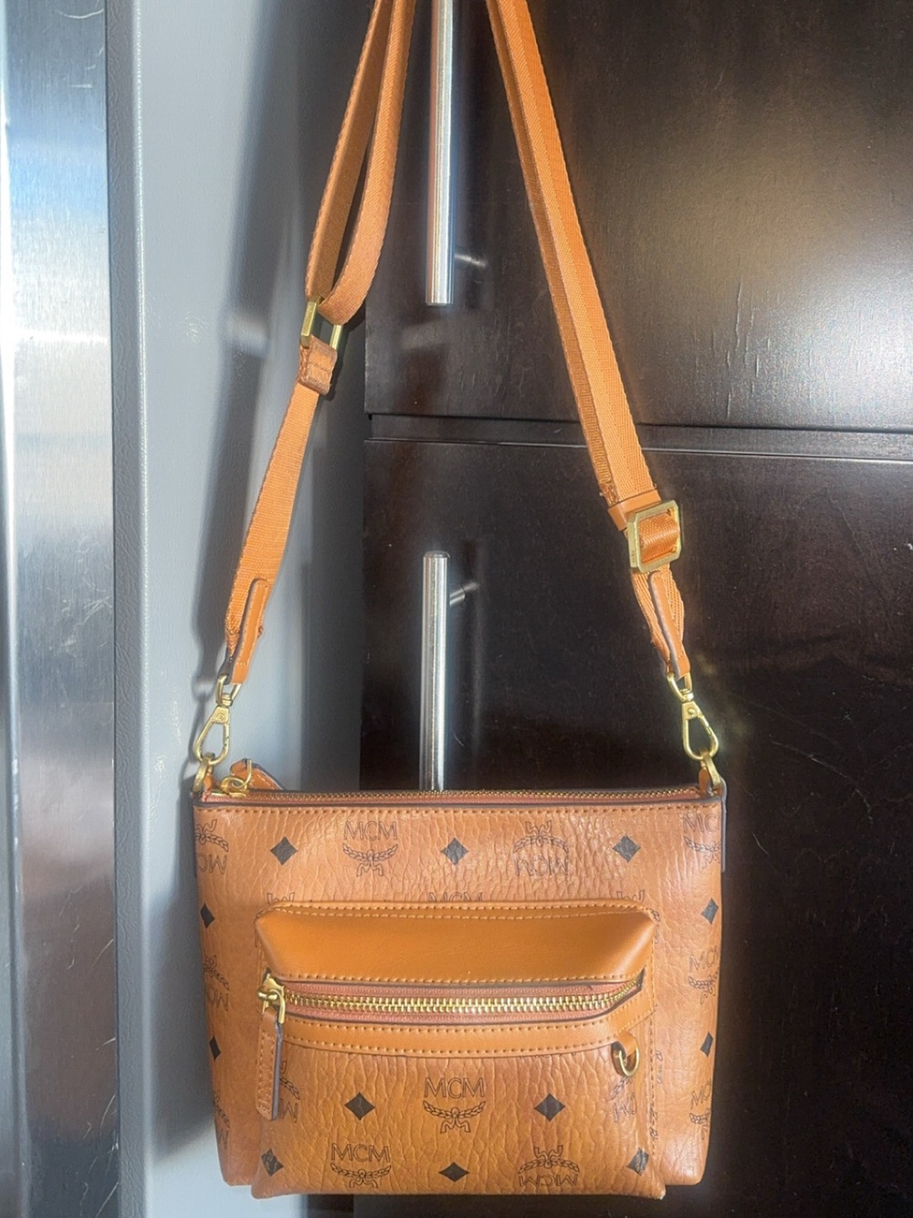 MCM Cognac Logo Leather Crossbody with Gold Hardware
